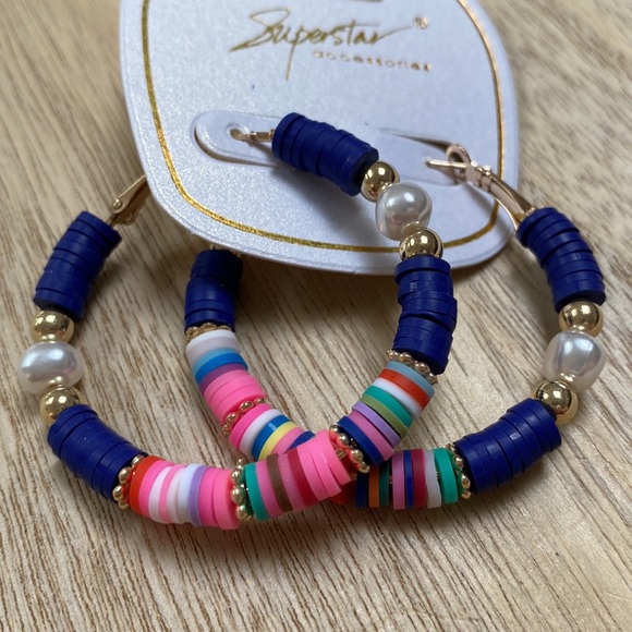🎉HP🎉 Superstar Accessories Disc & Pearl Hoop Earrings 💗 Blue Gold Multi - Picture 3 of 8